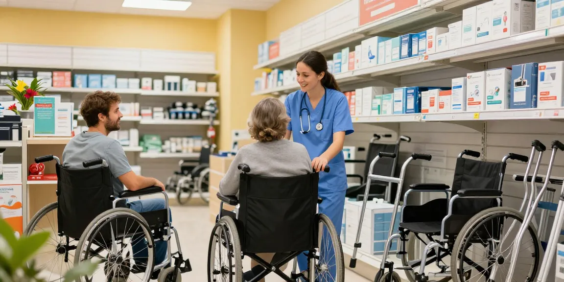 Friendly staff assisting a customer at a medical supply store near me with mobility aids.