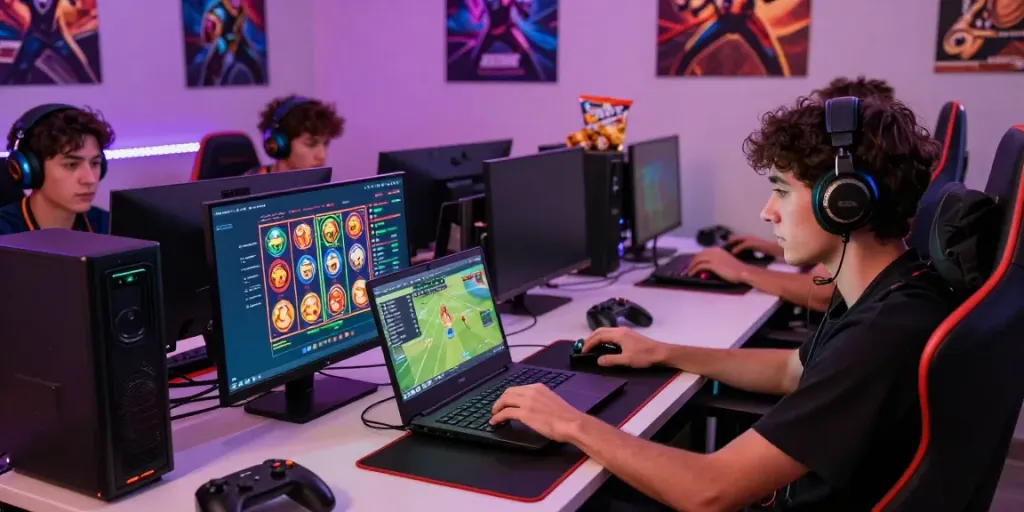 Engaging gaming scene with players focused on GEM88 sports betting and slot games