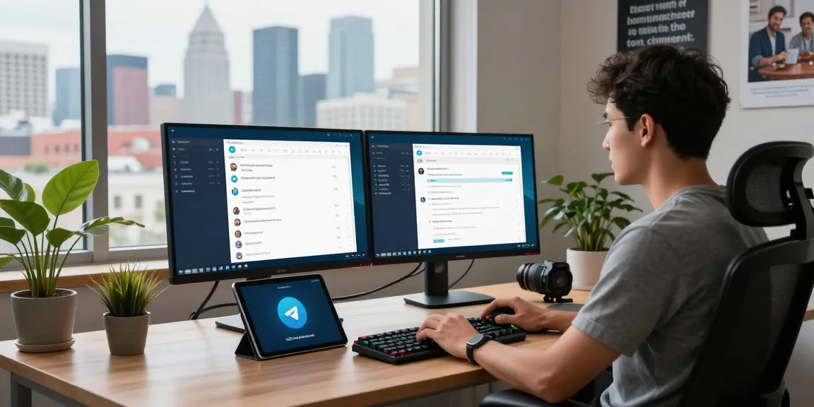 Workspace showcasing a professional using the Telegram Web Version with chat windows on dual monitors and a vibrant city backdrop.