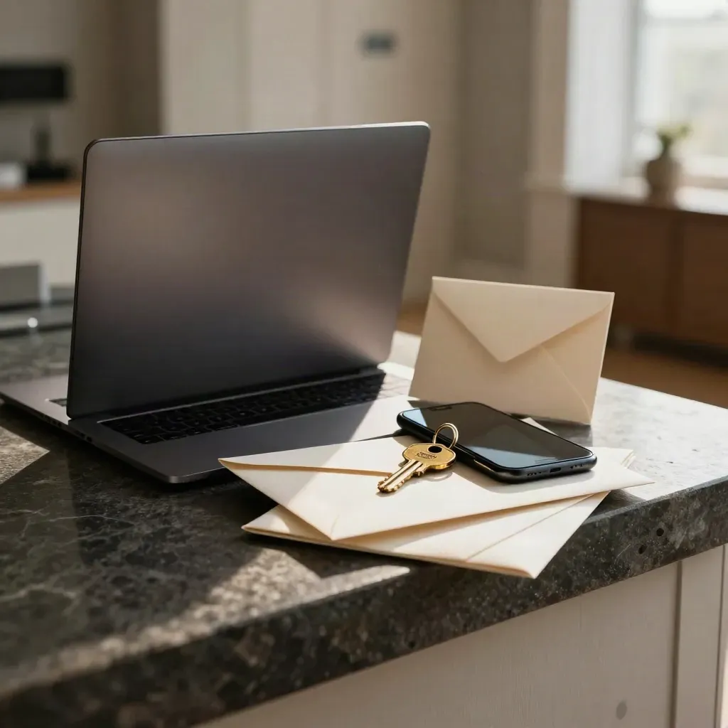 Closed laptop, phone, key and envelope on dark stone in a moody real-estate bundle.