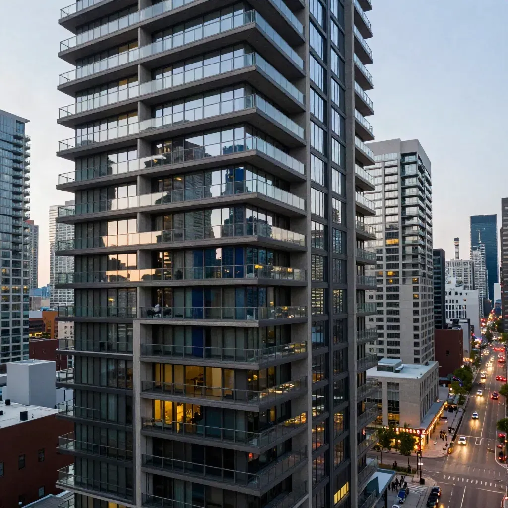 Toronto condo tower with glass balconies glowing at dusk and skyline reflections.