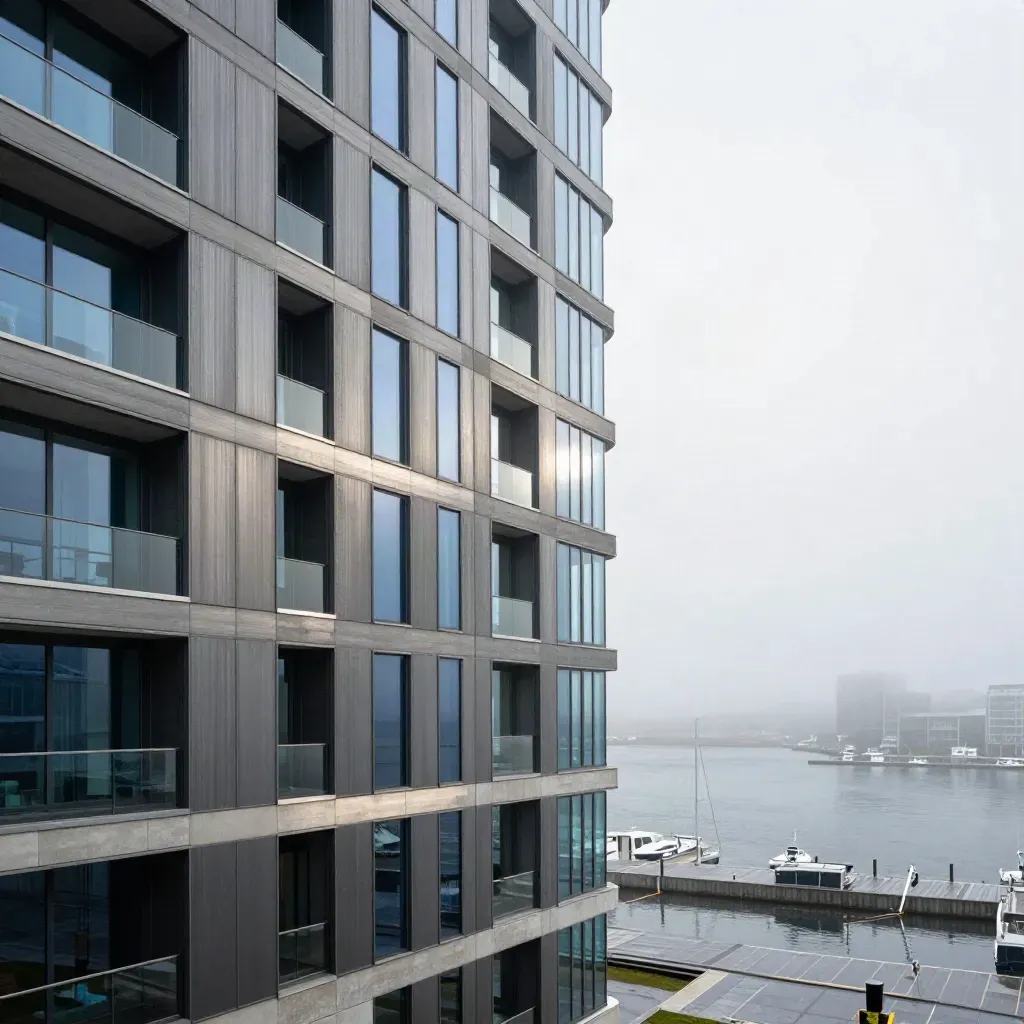 Foggy Halifax harbour condo facade with steel-gray cladding, blue glass, and marina haze.