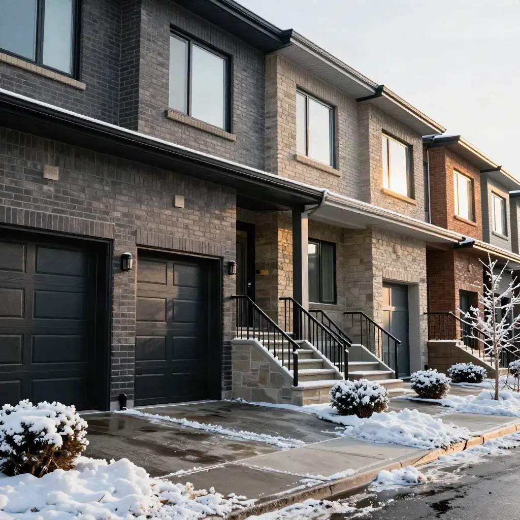 Low-angle winter view of a dark brick Calgary townhome row with snow-edged landscaping.