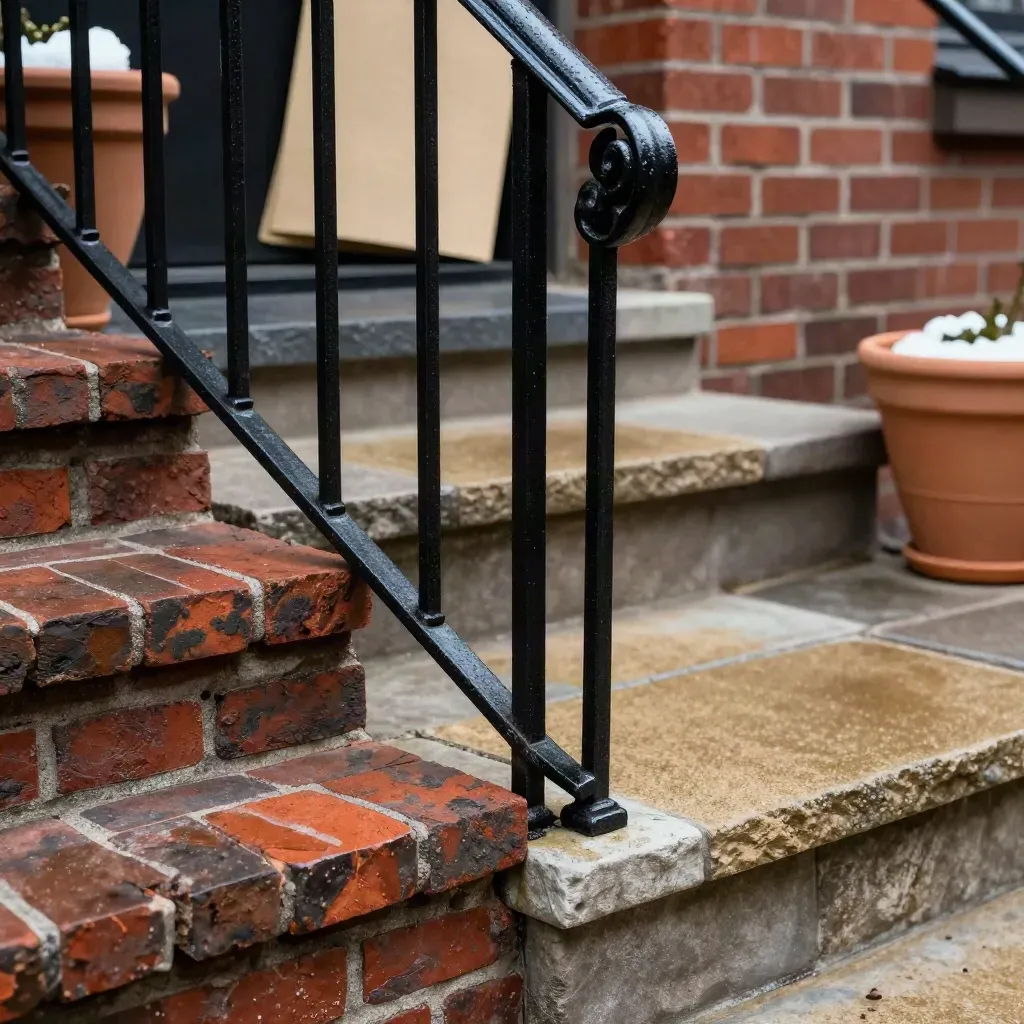 Rain-darkened Montreal duplex brick, iron rail, planter pots, and wet stone steps in close macro.