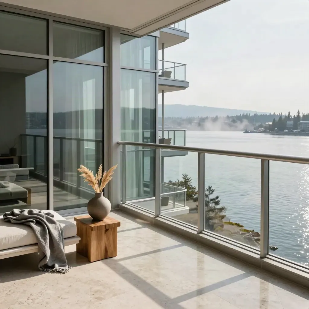 Vancouver waterfront condo with glass walls, pale stone floors, and harbor light