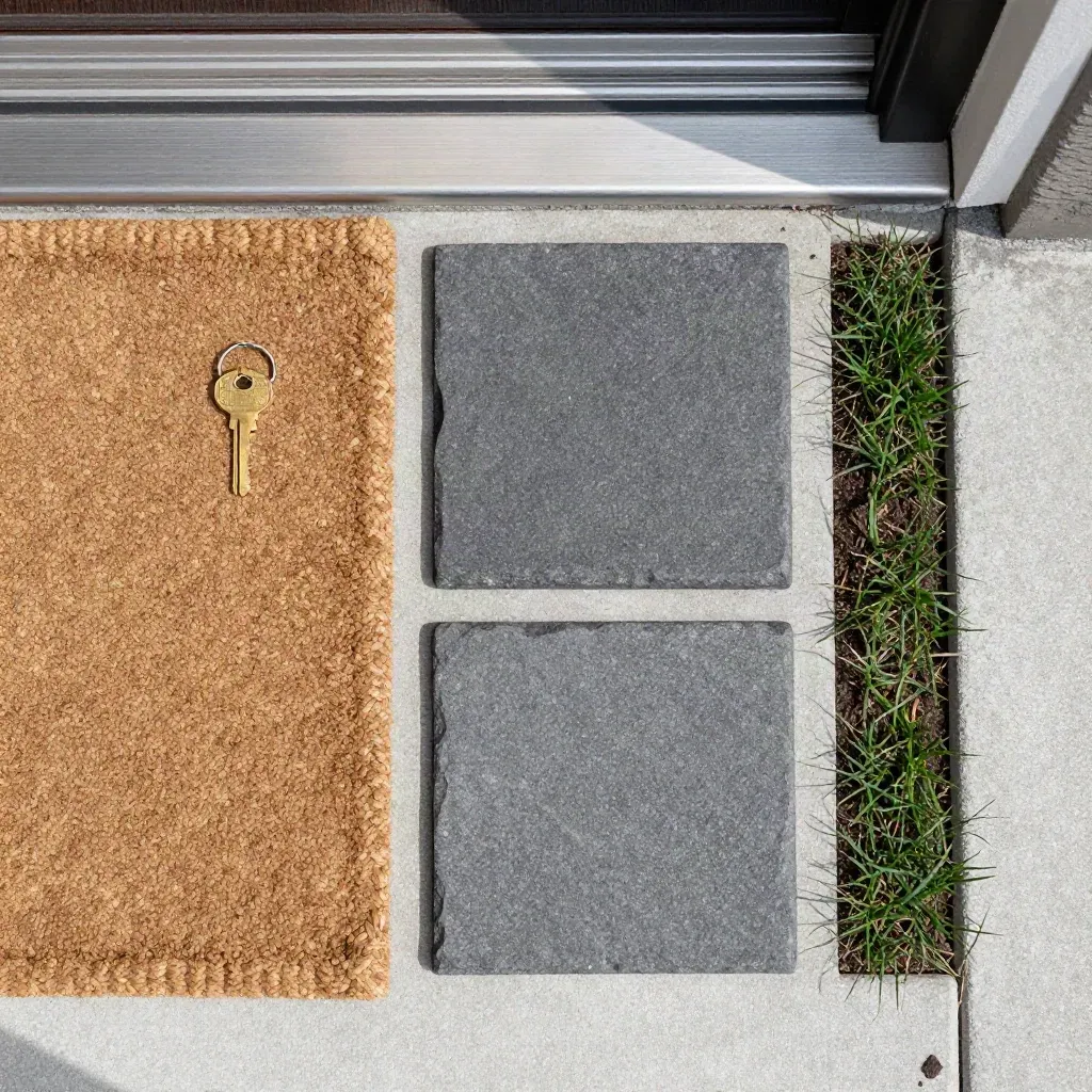 Flat lay of a brass house key, coir mat, stone pavers, threshold strip and fresh sod on concrete.