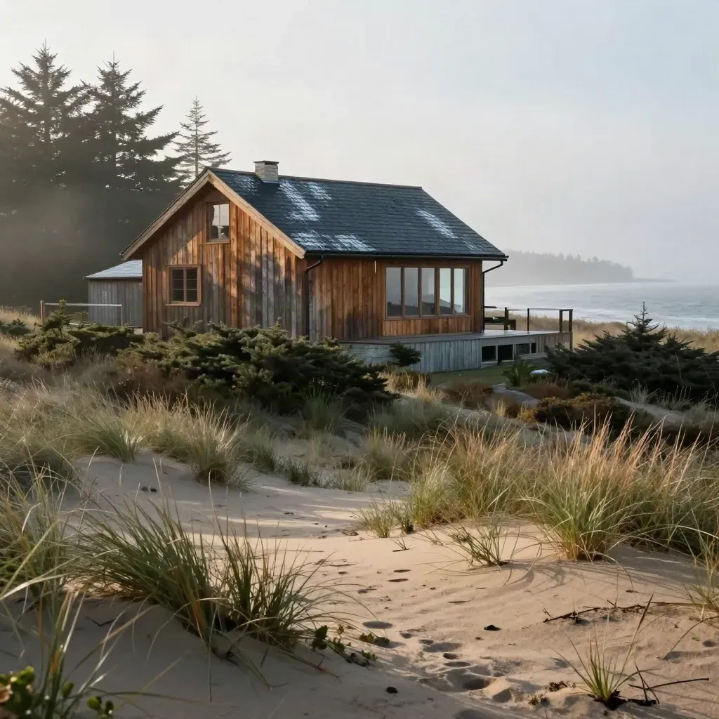 Cedar coastal home on a misty hillside above fir trees and slate water at sunrise