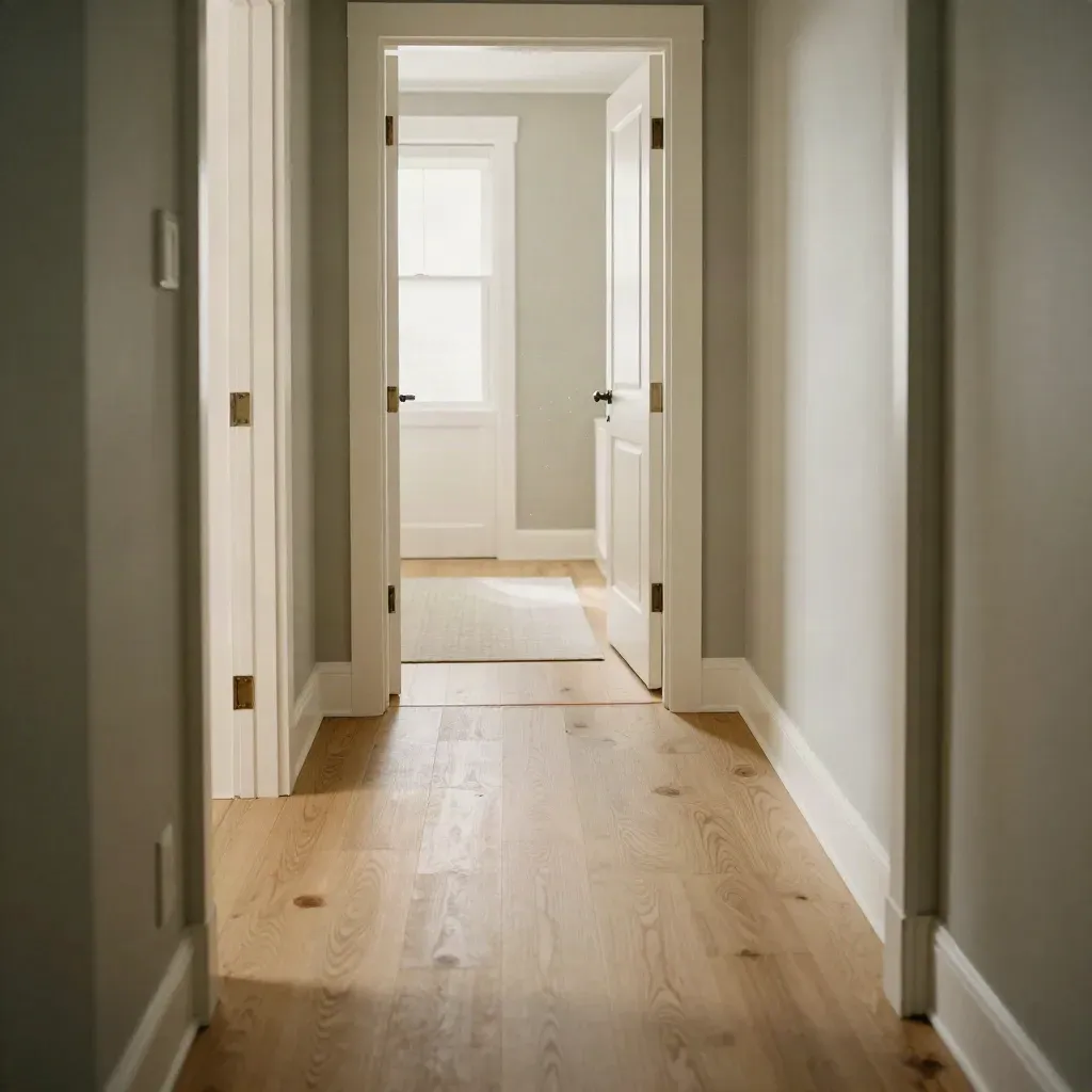 Sunlit modern hallway with pale oak floors and glowing open doorways.