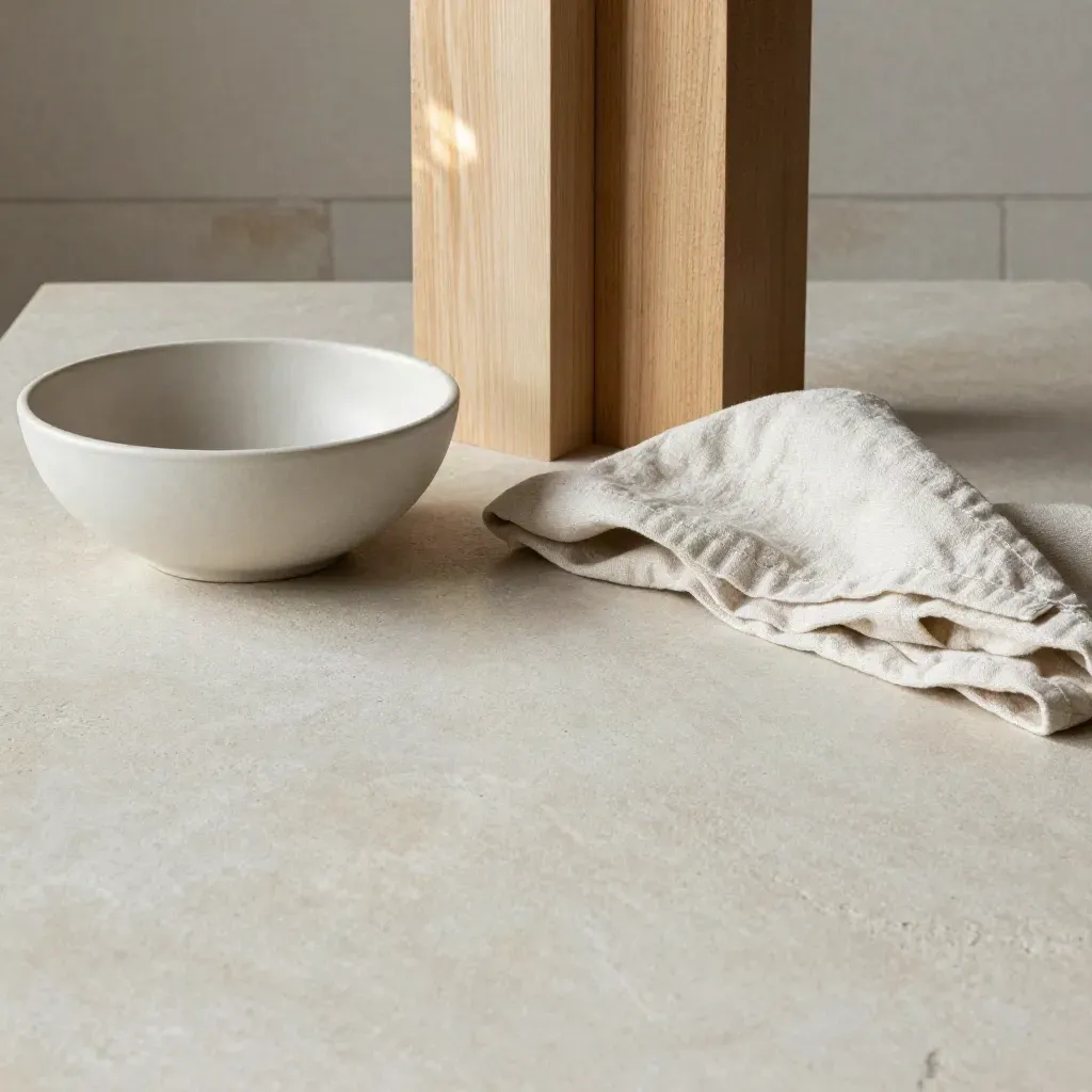 Stone tabletop with ceramic bowl, folded linen and oak blocks in soft daylight.