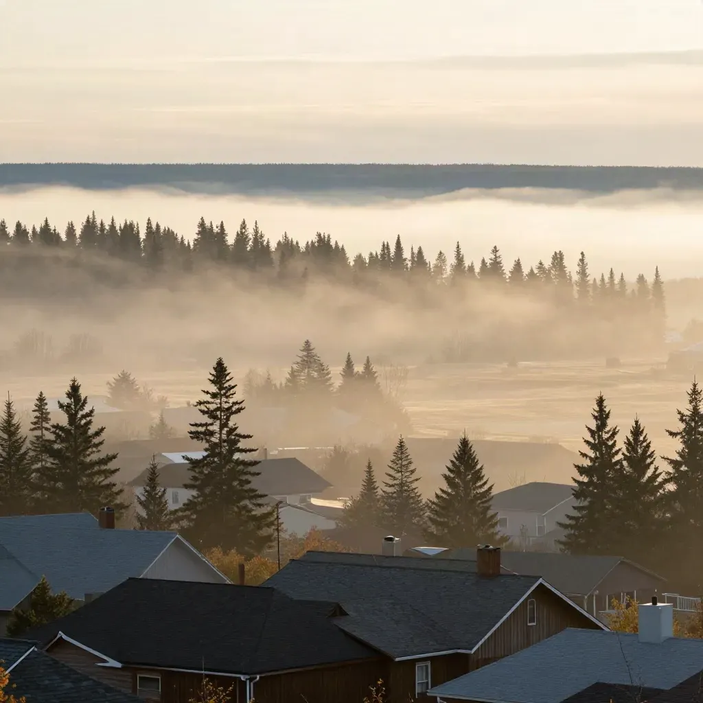 Foggy dawn over pines and rooftops on a quiet Canadian neighborhood fringe.
