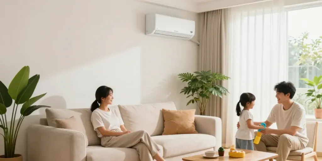 Cozy living room scene with family enjoying comfort provided by a split ac unit on a summer day.