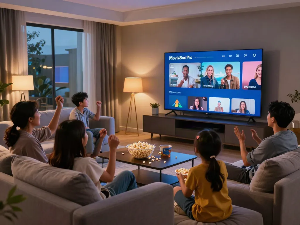 Family enjoying a movie night with MovieBox Pro streaming on TV, creating a cozy atmosphere at home.