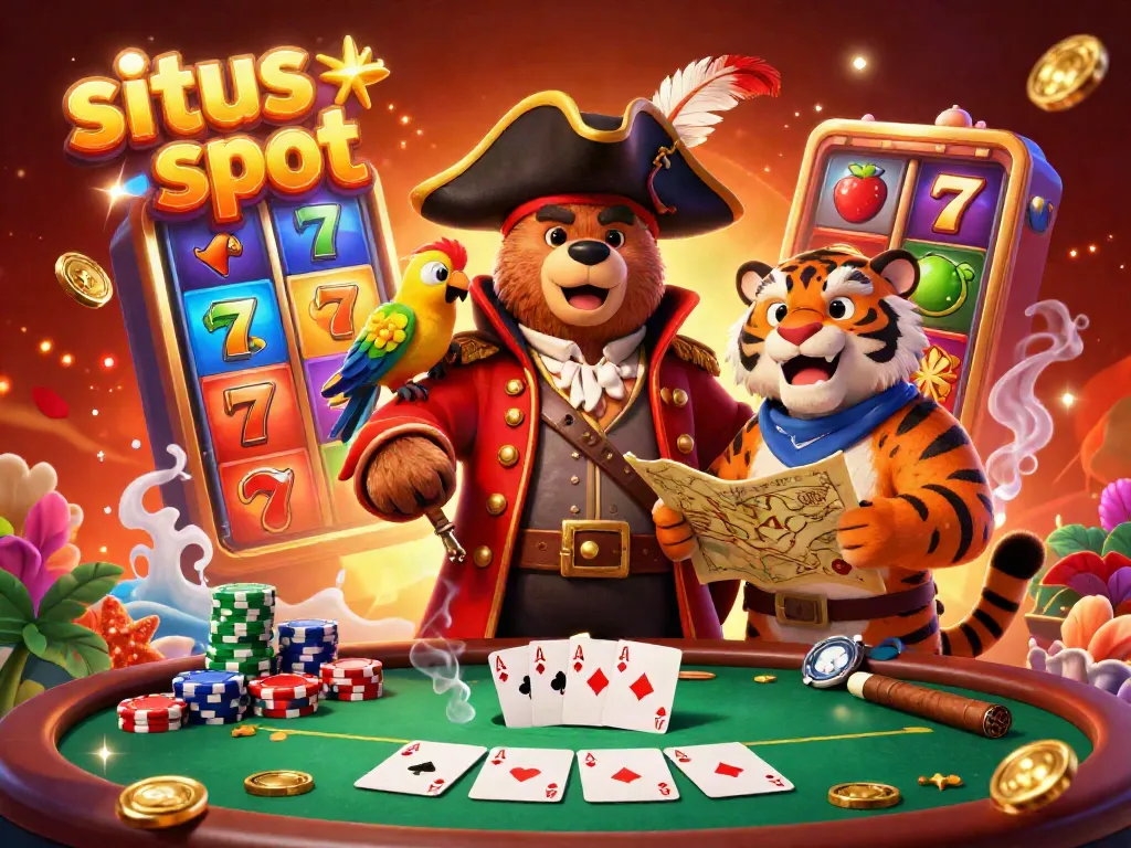 Join the excitement at situs slot with a vibrant 3D illustration of a pirate-themed casino scene featuring engaging slot symbols and characters.
