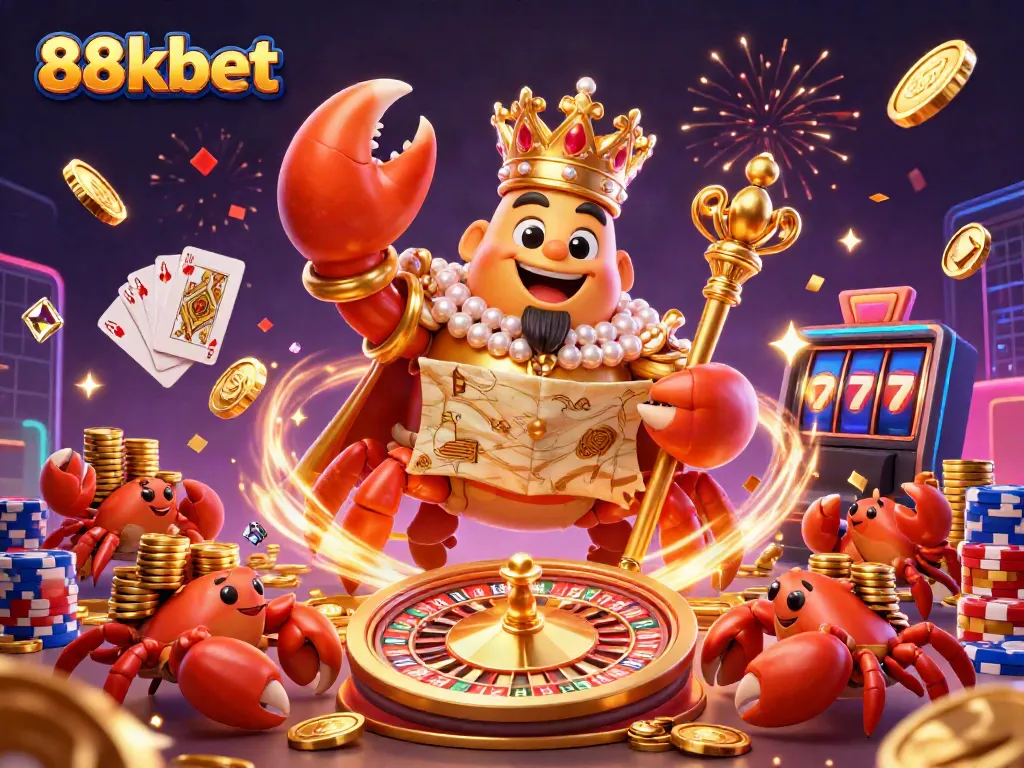 Experience the dynamic world of 88kbet as vibrant characters celebrate with treasures in a casino atmosphere.