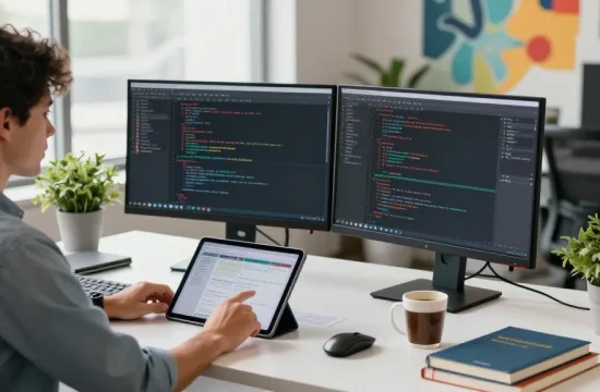 Developer coding at a modern desk in a bright office, emphasizing the WPS Official Website in a professional tech environment.
