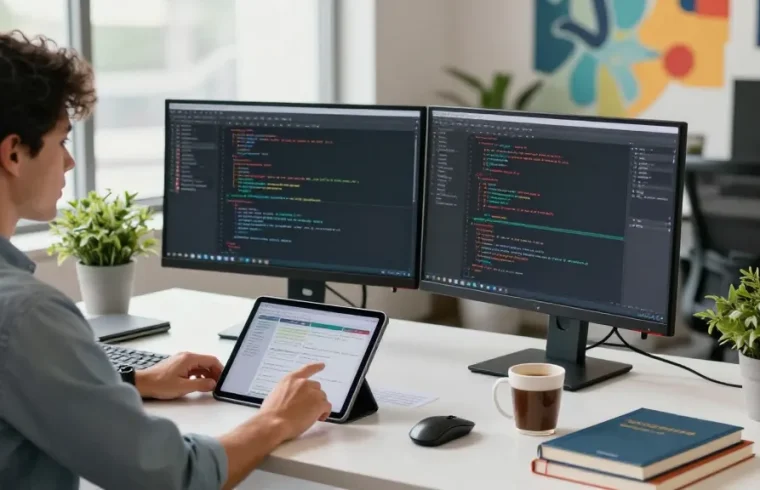 Developer coding at a modern desk in a bright office, emphasizing the WPS Official Website in a professional tech environment.
